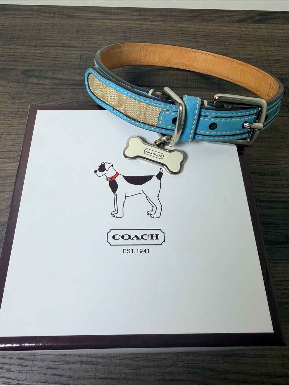 Coach Turquoise and Beige Signature Canvas & Leather Dog Collar with Bone Tag